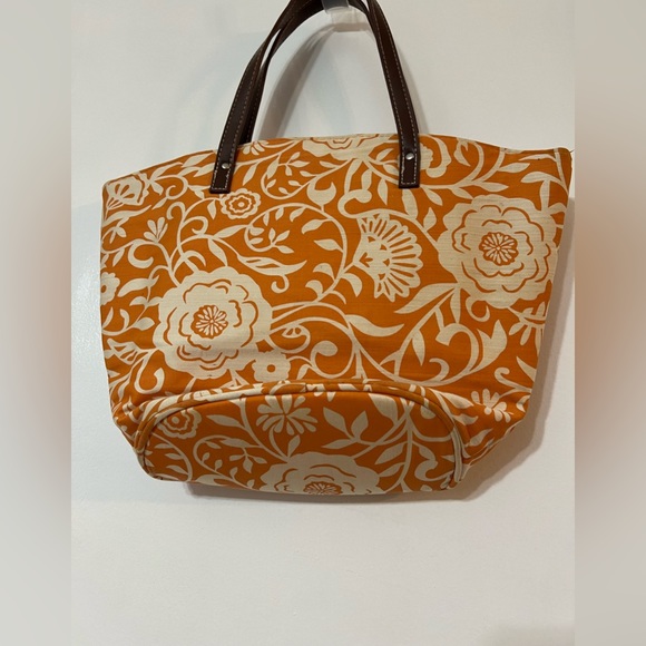 Tote Bag Orange Cream medium sized floral and swirled leaves brown handles - Picture 2 of 10